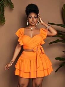 Maweii Bộ 2 món áo crop top tay loe cổ tim và chân váy size lớn cho nữ, thời trang - trái cam - Xem 4