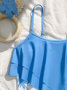 SHEIN 青少年女孩修身运动休闲荷叶边连体泳衣，简约舒适