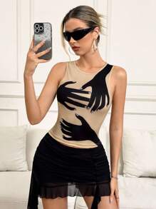 SHEIN ICON Women's Simple Daily Sleeveless Printed & Rhinestone Embellished Tank Top - Grey - View 3