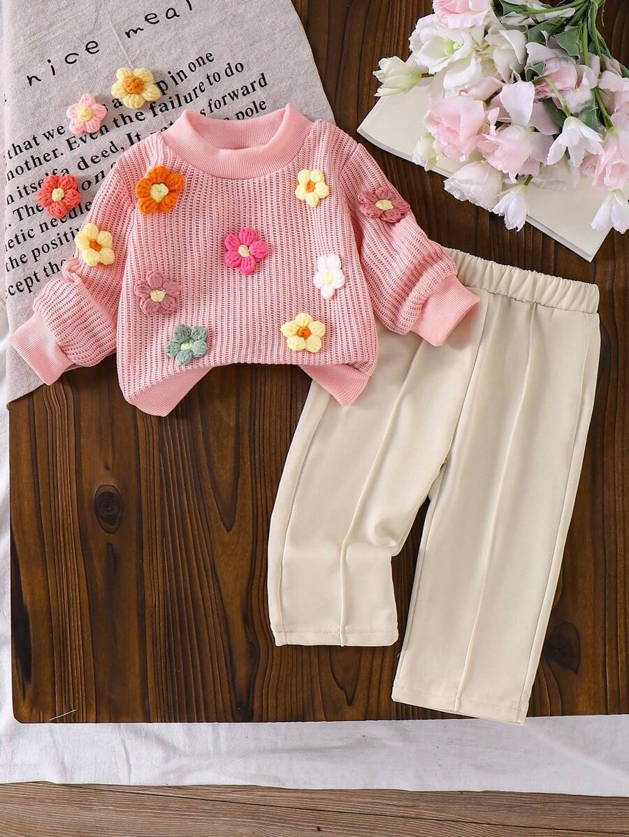 SHEIN Vintaside Kids 女宝宝针织3D花卉毛衣+直筒裤两件套，秋冬 - 粉色 - 查看 1