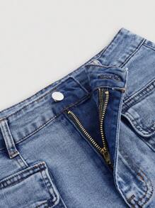 SHEIN MOD 女式夏季休闲街头翻盖口袋牛仔迷你裙 - 深色水洗藍 - 查看 3