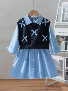 2 Piece Set Young Girls Fashion Stand Collar Blouse With Tie Bow Vest, Casual School Style Outfit, Suitable For Spring & Autumn Fall Winter - Royal Blue - View 1