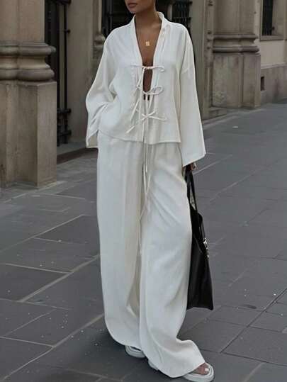 INAWLY 2pcs Women Casual Solid Color Shirt And Pants Set, Autumn