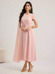 Modelyn Trang trí khóa kim loại bất đối xứng, áo choàng bằng vải chiffon tay lớn, váy bó eo - Hồng - Xem 5