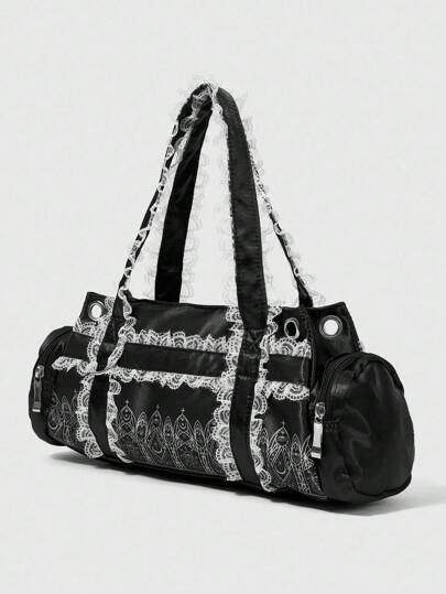 Goth Y2K Lace Shoulder Bag, Architectural Print Lace Round Underarm Bag