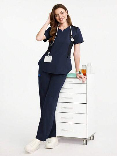 TaskEZ Contrast Color Patchwork Pocket Short Sleeve Scrub Uniform Set Nurse Scrub Sets Women Scrub Set Plus Size Scrub Set Work Clothes Women Set Nursing Clothes