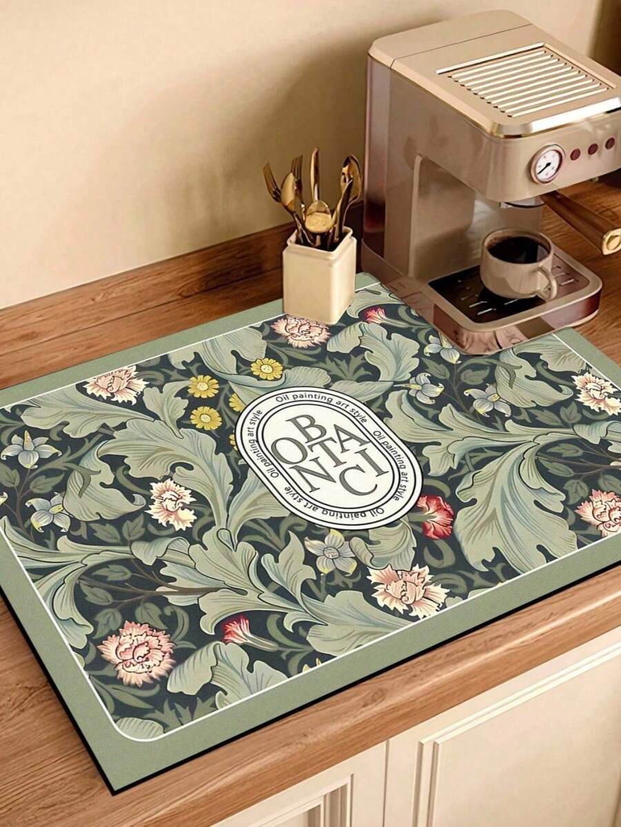 SHEIN 1pc Dark Green Leaf Printed Absorbent Mat, New Kitchen Counter Drying Pad, Dish Drying Mat - Dish Mat, Soft Diatomite Non-Slip Quick Dry Pad, Suitable For Kitchen Countertop, Coffee Maker, Espresso Machine Etc. - Dark Green - View 1