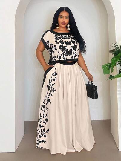 Truni 大码花卉印花短袖上衣和口袋裙，休闲两件套