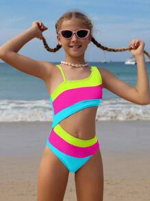 SHEIN Tween Girl Color-Block Asymmetric Neckline One-Piece Swimsuit, Hollowed-Out Waist Design Purple Beach Outfit Summer Holiday - Multicolor - View 3