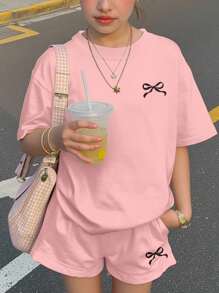 SHEIN Leap Crew 青少年女孩休闲简约蝴蝶结装饰圆领短袖 T 恤和短裤 2 件套，适合春夏季 - 彩色 - 查看 3