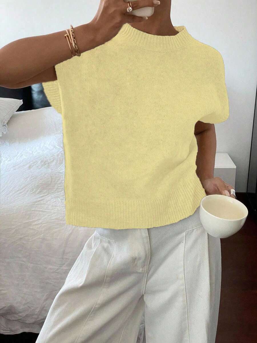 Siren Gaze 女士休闲法式无袖宽松短袖针织上衣，适合日常穿着，百搭 - 黃色 - 查看 1
