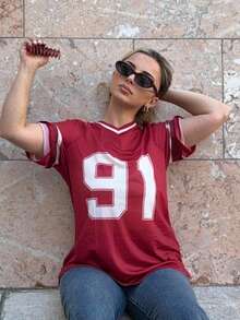 Jeta Ari Women's Numeric Print Short Sleeve Mesh Colorblock Loose Fit Sports T-Shirt, Spring/Summer Graphic Tees Women Tops - Red - View 5