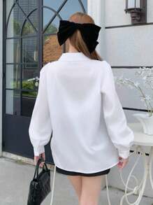 SHEIN 少女干净女孩 Y2K 风格长袖纯色荷叶边领甜美衬衫，适合春、夏、秋、冬、休闲、街头、通勤 - 白色 - 查看 2