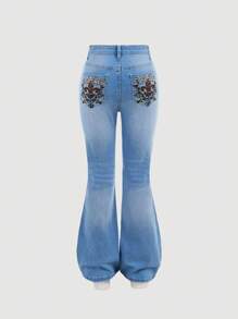 SHEIN Girlism Teen Girls Light Wash Denim Flared Jeans With Embellished Back Pockets, Perfect For Everyday Casual Style. Long Bell Bottom Design.