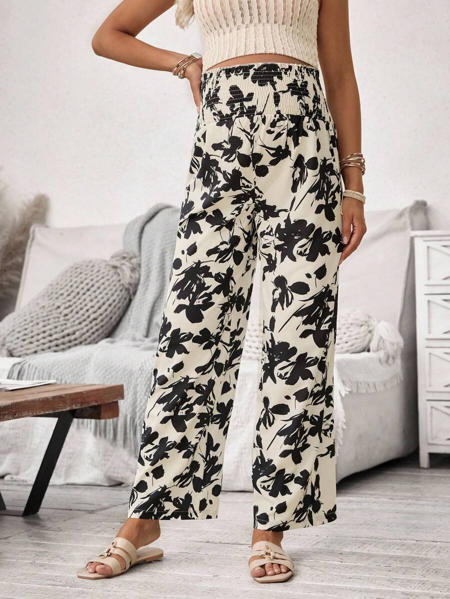 SHEIN Women Maternity Casual High Waist Plant Printed Pants, Autumn - Khaki - View 1