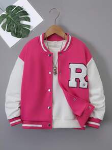 SHEIN 青少年女孩休闲日常撞色字母植绒纽扣棒球夹克