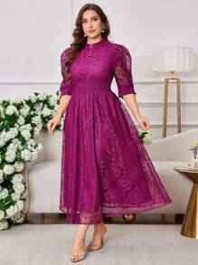 Modelyn Fashionable V-Neck Puff Sleeve Cinched Waist Flared Hem Dress, Slimming Fit, Spring/Summer - Red Violet - View 6