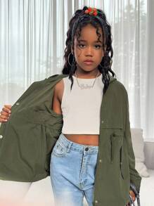 SHEIN 秋冬季青少年女孩休闲军绿色宽松连帽抽绳可调节腰部派克大衣 - 軍綠色 - 查看 18