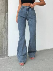 SHEIN Tall HIGH RISE FLARED LONG BLACK JEAN TALL - Dusty Blue - View 5