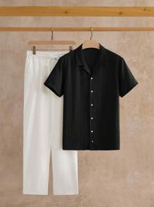 HIMLAND Bộ quần áo polo tay ngắn thường ngày cho nam, phù hợp mặc hàng ngày, bộ 2 món, mùa hè, trang phục ấm áp - màu đen - Xem 5