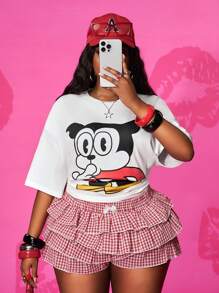 Slaydiva Betty Boop x SHEIN 大码秋冬新品，女士秋冬服装，日常休闲街头风，白色宽松圆领短袖贝蒂卡通印花T恤 - 白色 - 查看 7