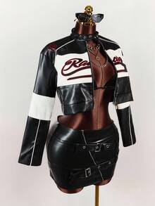 Amplova Damen Farbblock Frontzipp Langarm Buchstaben Muster einfache PU Jacke