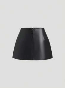 Sweetra Váy ngắn hở vai da PU thanh lịch cạp thấp gợi cảm mùa xuân/hè cho nữ - màu đen - Xem 2