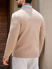 男士V领纯色长袖休闲套头毛衣，秋冬款 - 棕色 - 查看 2