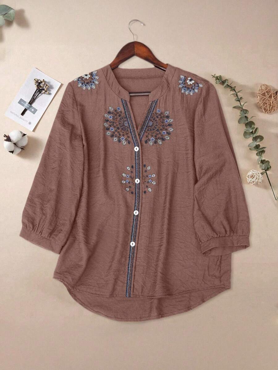 Linhara Plus Size Women's Floral Embroidery V-Neck Lantern Sleeve Casual Blouse - Dusty Purple - View 1