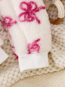 SHEIN 女婴粉色毛绒蝴蝶结长袖连体衣，秋冬款 - 彩色 - 查看 5