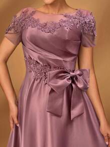 Serin Elegant Luxurious Romantic Mesh Patchwork Satin Pleated Beaded Sequins Applique Short Sleeve Bow A-Line Hem Dress, Suitable For Evening Party, Dating, Vacation, Ball, Music Festival, Wedding, Mother Of The Bride