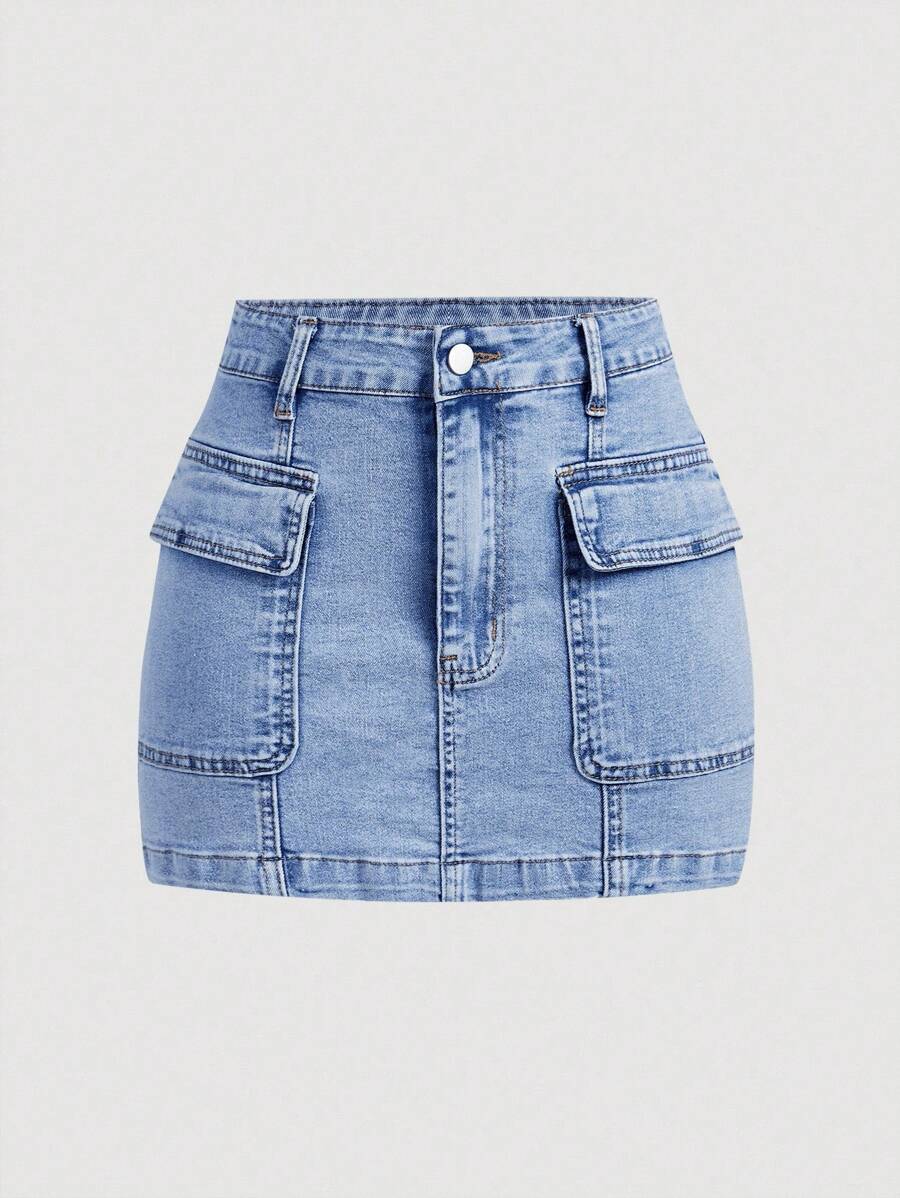 SHEIN MOD 女式夏季休闲翻领口袋紧身牛仔裙 - 中等水洗藍 - 查看 1