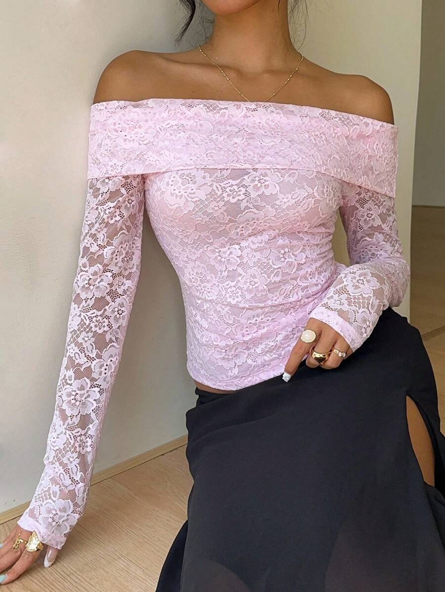 SHEIN EZwear 秋季女士约会之夜女士单件装露肩花卉蕾丝修身优雅T恤俱乐部女士性感 - 彩色 - 查看 1