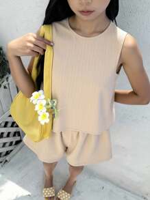 SHEIN Teen Girls' Casual Plain Texture Woven Sleeveless 2 Pieces Set, Spring/Summer - Khaki - View 9