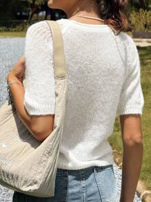 Jouncy 2025法国高端镂空短袖毛衣针织套头衫秋冬 - 白色 - 查看 2