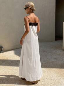 Livesso 女士夏季蕾丝拼接黑白撞色宽松吊带中长连衣裙舞会礼服度假装 - 白色 - 查看 2