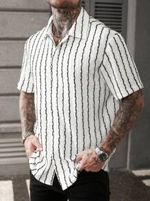 Manfinity RSRT 男士杏色纹理竖条纹正装衬衫 - 白色 - 查看 3