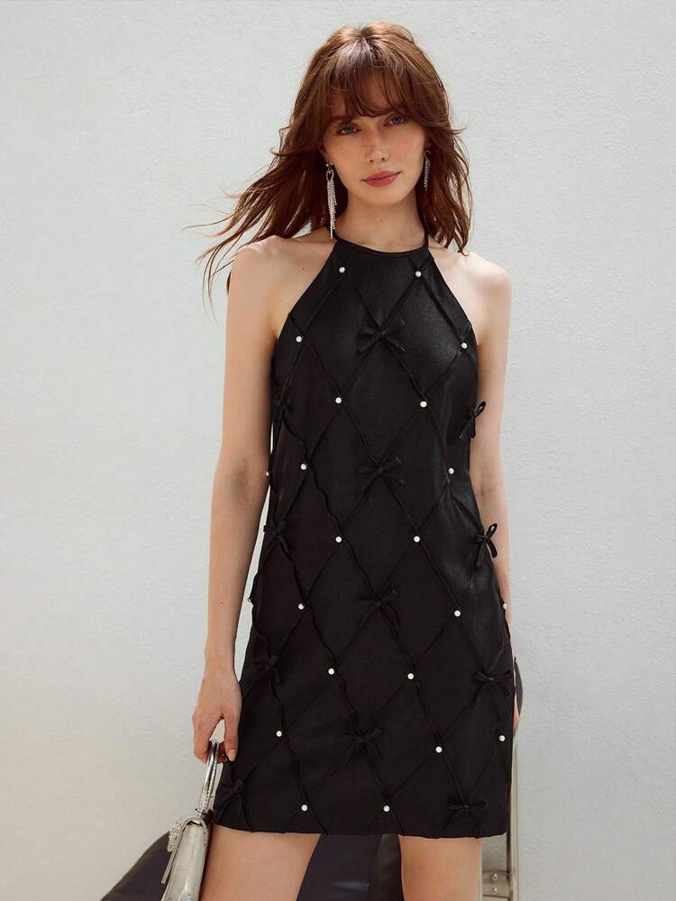 FAUX PEARL BOW DETAIL HALTER NECK SHORT DRESS