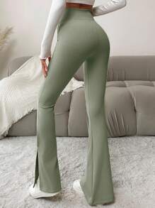 EURMUSE 女士高腰开叉纯色休闲紧身裤，百搭夏季裤子 - 薄荷綠 - 查看 2