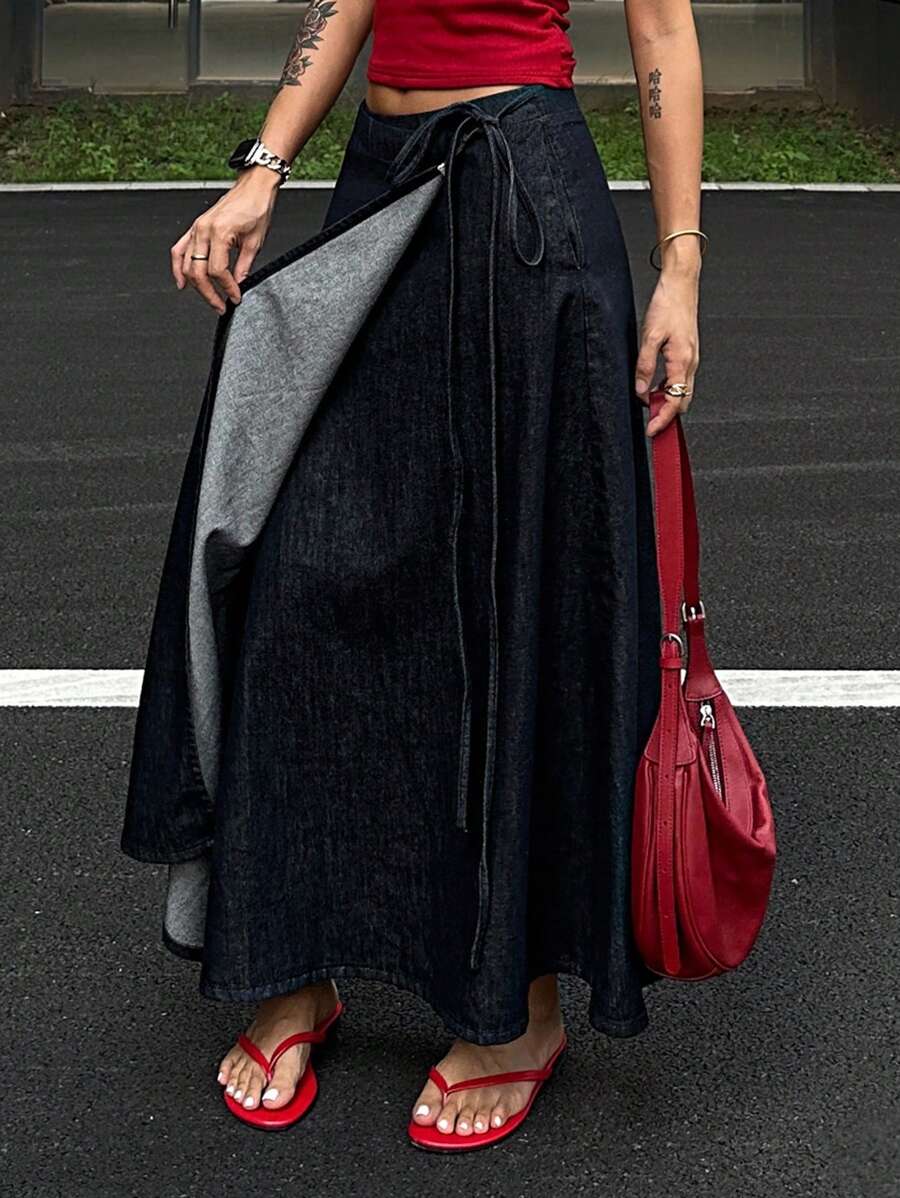 DAZY Váy maxi denim nữ kiểu dáng thường ngày, thắt nơ, váy maxi denim màu xanh đậm, váy thường ngày, váy maxi denim, váy denim dài, váy jeans, váy maxi nữ, váy quấn. - Màu xanh lam - Xem 1