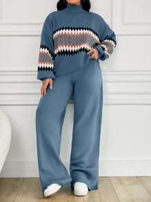 EURMUSE 2 pezzi, Maglione da donna con collo alto e motivo geometrico - blu polveroso - Visualizzare 1