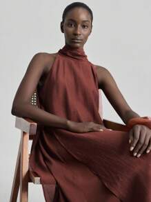 Ontre 2025 秋季新款女士长款连衣裙，围巾式领口和喇叭形，无袖二合一极其优雅的风格，包含醋酸纤维和亚麻，天丝材料，女士优雅连衣裙，度假连衣裙，极简主义连衣裙，休闲连衣裙，夏威夷风格秋季连衣裙