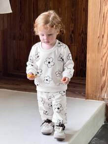 SHEIN Baby Girl 0-3 Years Old Autumn/Winter Casual Everyday Outing Black & White Floral Pattern Crew Neck Long Sleeve Sweatshirt + Pants 2pcs Outfit Set - Apricot - View 7