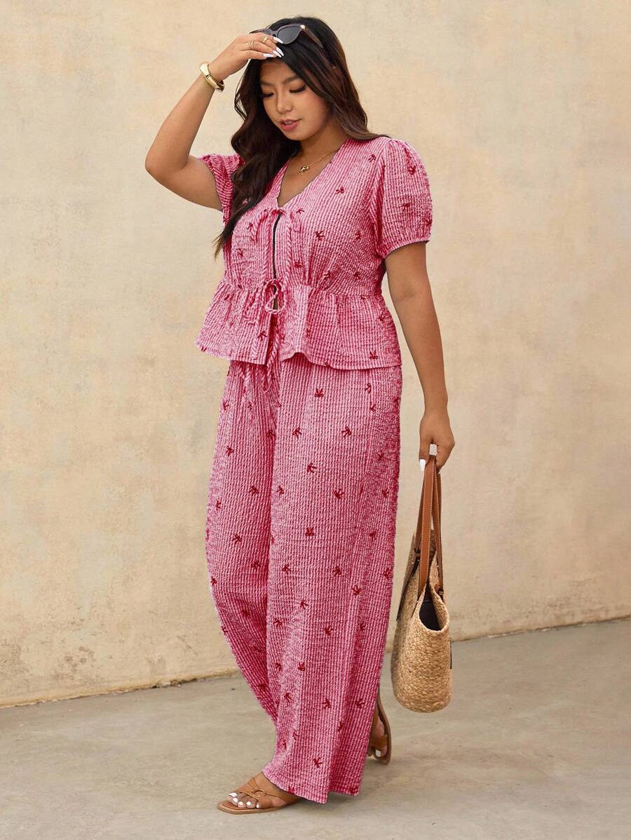 Elaquor 大码女式条纹蝴蝶结泡泡袖衬衫和裤子两件套休闲套装 - 紅色 - 查看 1