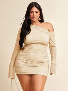 SHEIN BAE Đầm ôm body lưới xếp nếp cổ dài tay không đối xứng màu đen cỡ lớn dành cho nữ, gợi cảm & phù hợp cho mọi hoạt động hàng ngày, đi chơi, hẹn hò, trà chiều, kỳ nghỉ, mùa xuân/hè, trở lại trường, công sở - Màu be - Xem 5