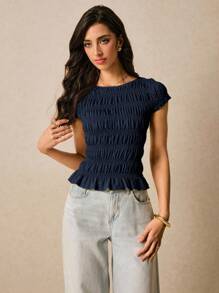 Poéselle 女士纯色褶饰修身休闲上衣，夏季 - 藏蓝色 - 查看 6