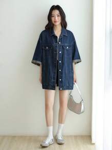 SHEIN Unity Áo khoác denim rộng rãi, giặt thường ngày cho nữ, Áo khoác denim nữ cho giáo viên, Áo khoác nữ cho giáo viên, Áo khoác mùa thu cho trường học - Rửa trung bình - Xem 7