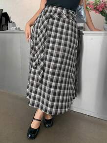 Dazy Plus 大码女式半松紧腰格子直筒A字长裙，带抽绳 - 黑與白 - 查看 4