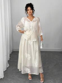 Elenzga 3 件套：中国风刺绣大码休闲短款上衣和裙子大码裙子套装大码女装 2 件白色套装大码刺绣裙子套装大码刺绣套装