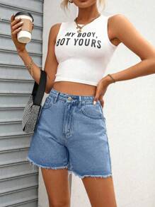 EMERY ROSE Women Casual Street Style Frayed Pocket Denim Shorts - Medium Wash - View 7